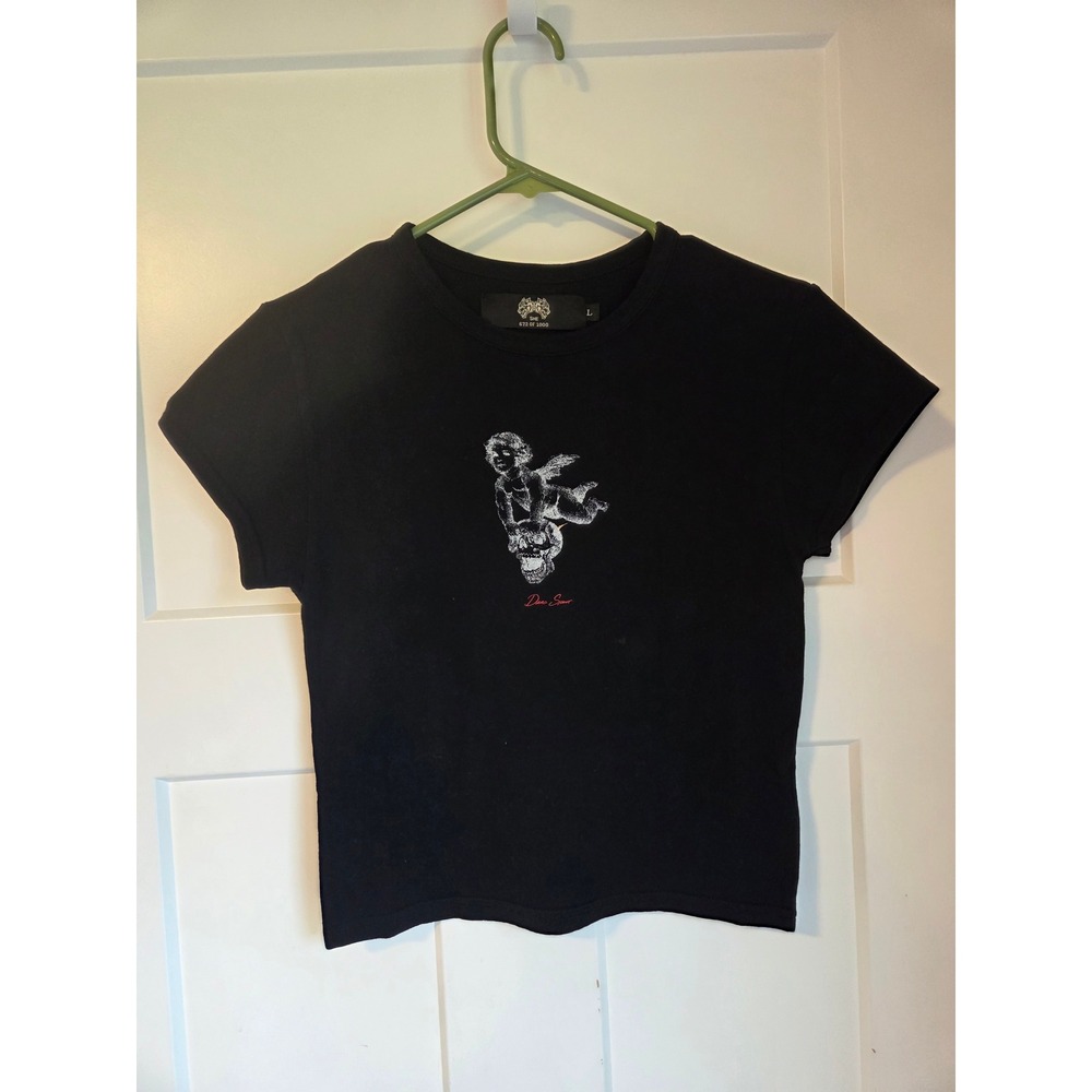 SHE Limited Edition Cherub Skull Baby Tee Black Cropped‎ Graphic T-Shirt Large
